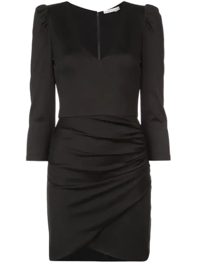 Alice And Olivia Judy Puff-sleeve Ruched Faux Wrap Bodycon Dress In Black