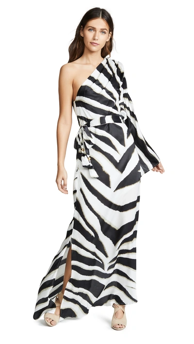 Melissa Odabash Lauren One-shoulder Zebra-print Charmeuse Kaftan In White