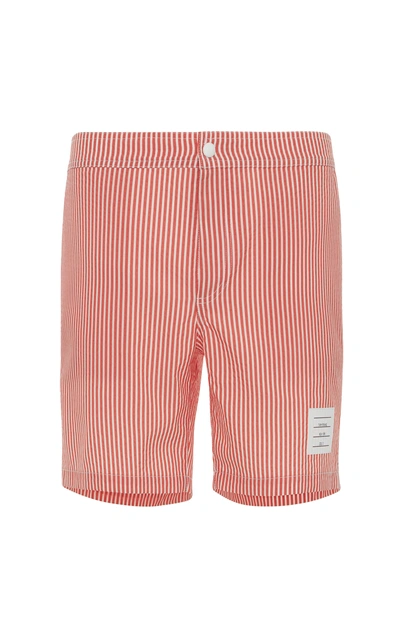Thom Browne Mid-length Striped Seersucker Swim Shorts In Red