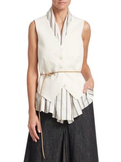 Brunello Cucinelli Belted & Lined Waistcoat Top In White Multi