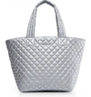 Mz Wallace Metro Medium Quilted Metallic Shell Tote In Tin Metallic