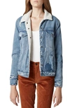 BLANKNYC Faux Shearling Trim Patched Denim Jacket,51B-9131NDS