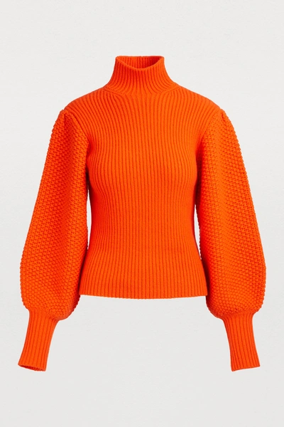 Chloé Balloon-sleeve High-neck Chunky Wool-blend Sweater In Rising Red