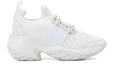 Roger Vivier Viv' Run White Trainers In Technical Fabric With Rhinestone Buckle In Bianco