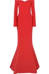 REBECCA VALLANCE L'AMOUR OFF-THE-SHOULDER CREPE GOWN