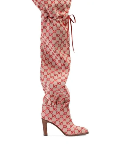Gucci Leather-trimmed Logo-jacquard Over-the-knee Boots In Red
