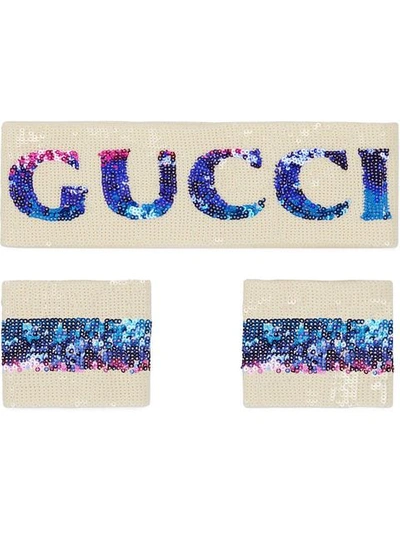 Gucci Logo亮片发带与护腕手套 - 白色 In Creme Multi