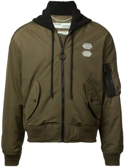 Off-white Hooded Shell Bomber Jacket In Green