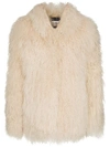 SAINT LAURENT SAINT LAURENT COLLARLESS SHAGGY FUR JACKET - WHITE