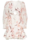 Zimmermann Corsage Pompom-embellished Cutout Floral-print Linen Mini Dress In Ivory Peach Orchid