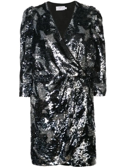 Tanya Taylor Zoey Sequined Camo 3/4-sleeve Wrap Dress In Gunmetal