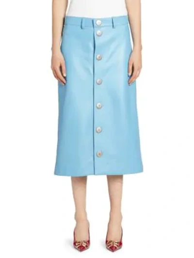 Balenciaga Leather Snap-button Midi Skirt In Blue