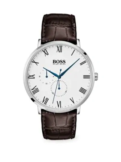 Hugo Boss Men's William Analog Watch With Leather Strap, White/brown