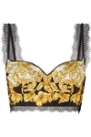 VERSACE LACE-TRIMMED PRINTED SILK-TWILL BUSTIER TOP