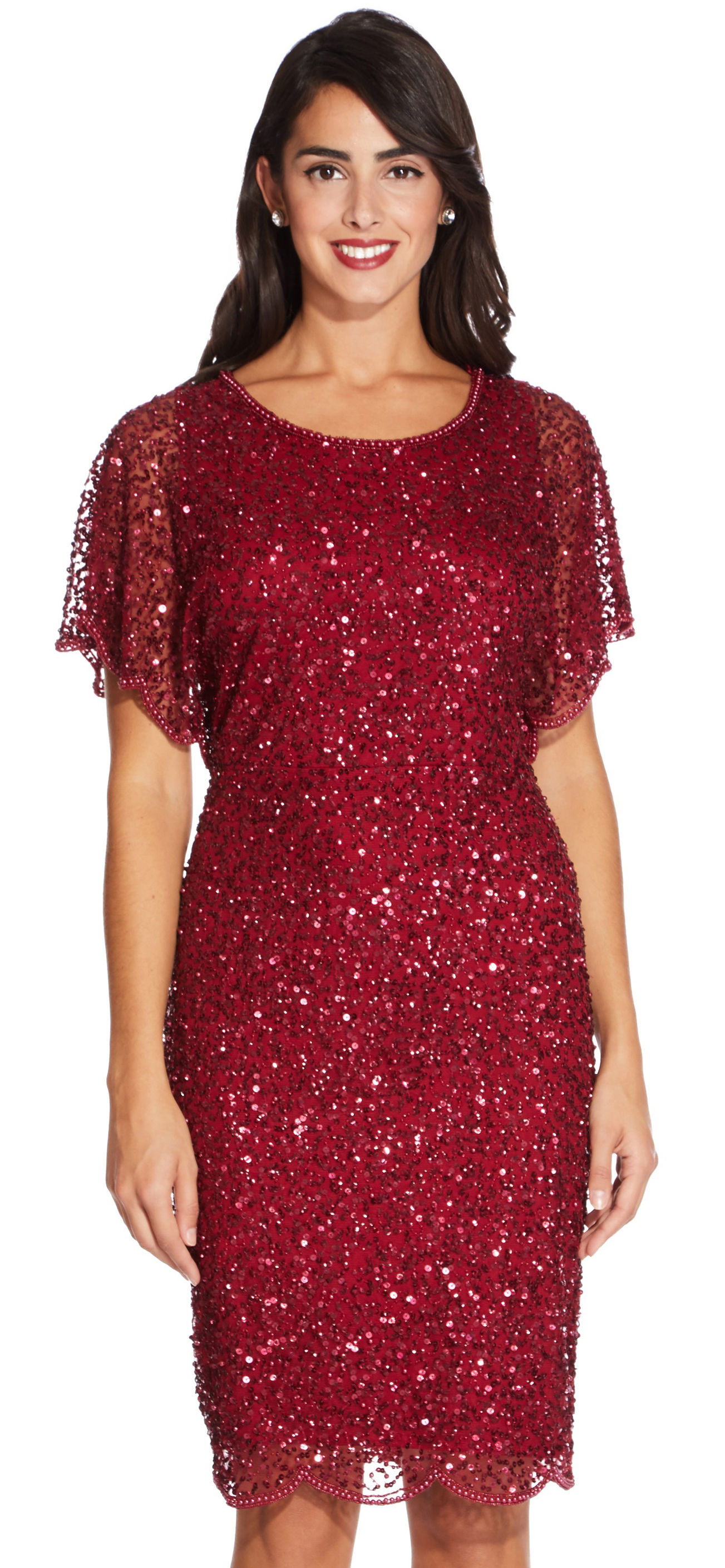 sequin beaded cocktail dress with flutter sleeves and scallop trim