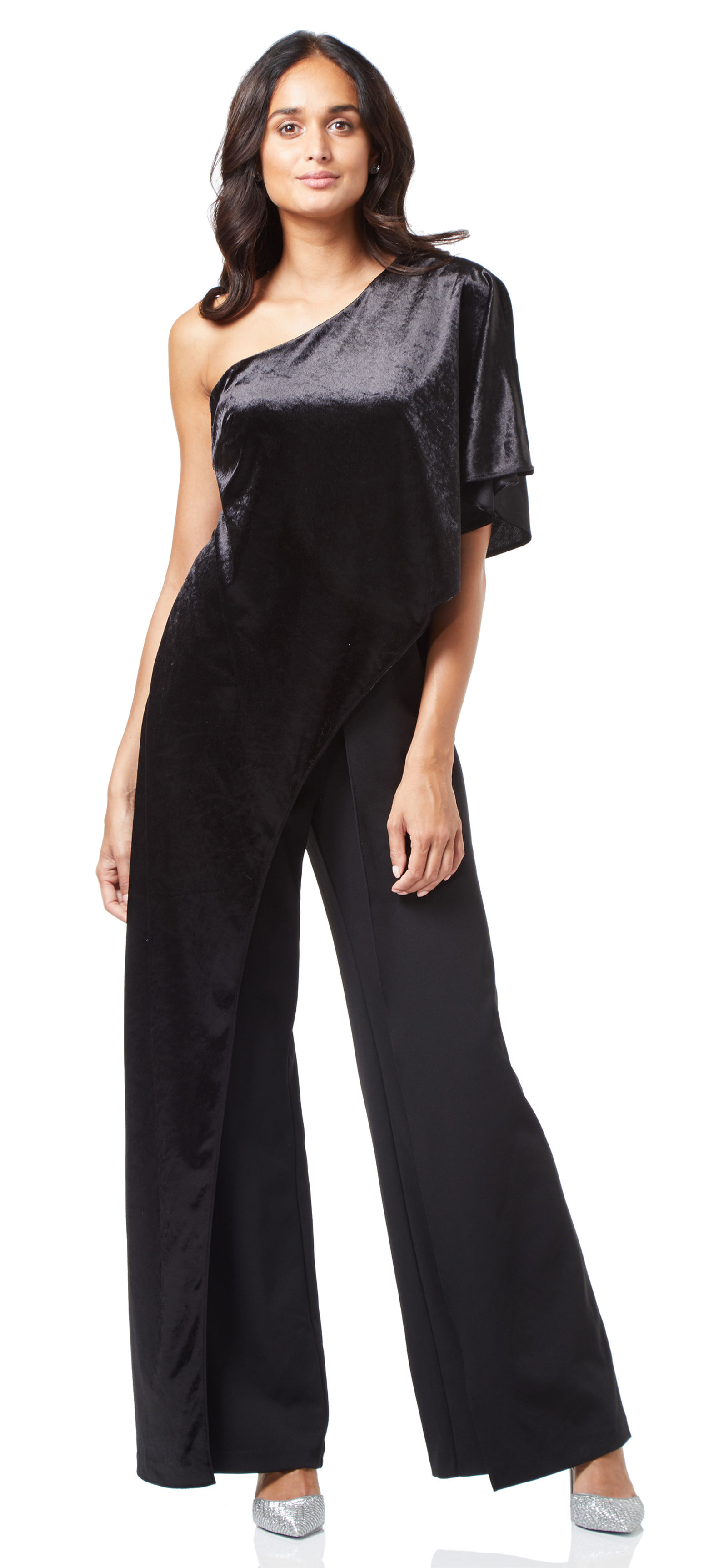 velvet one shoulder jumpsuit
