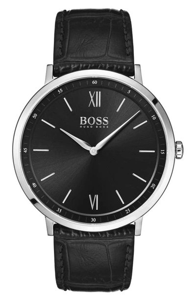 Hugo Boss Men's Essential Ultra Slim Black Leather Strap Watch 40mm Women's Shoes