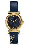 Versace V-motif Vintage Stainless Steel Leather Strap Watch In Navy Blue/ Gold