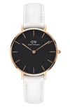 Daniel Wellington Classic Petite Leather Strap Watch, 28mm In White/ Black/ Rose Gold