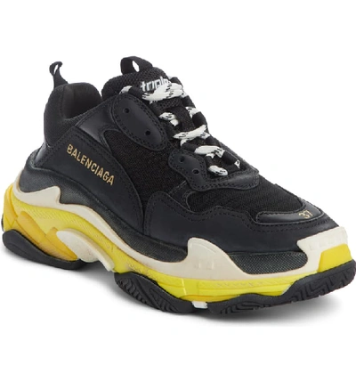 Balenciaga Triple S Logo-embroidered Leather, Nubuck And Mesh Sneakers In Black/ Yellow