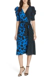 ALICE AND OLIVIA SIONA PUFF SLEEVE SILK MIDI DRESS,CC811P09514