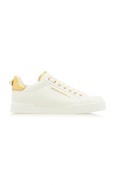 Dolce & Gabbana Portofino Patent Leather-trimmed Sneakers In Gold