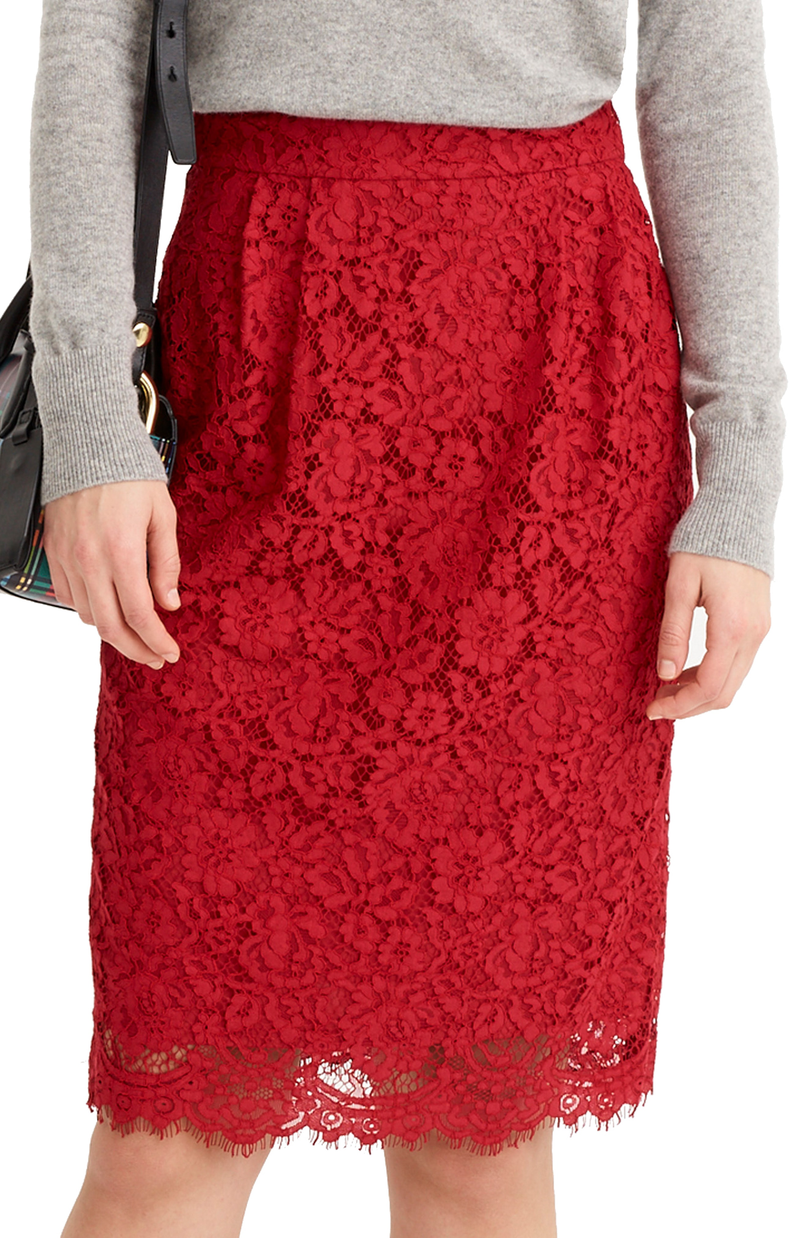 NWT AUTH J.CREW $98 Pintucked Pencil Skirt in Lace FESTIVE RED F8860 0 2 4 8 10