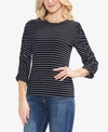 VINCE CAMUTO RUCHED-SLEEVE STRIPED TOP