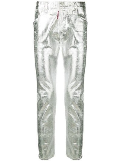 Dsquared2 16cm Skater Metallic Waxed Denim Jeans In Silver