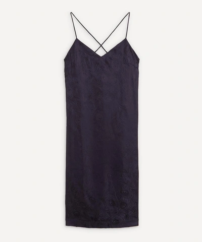 Liberty London Hera Silk Jacquard Long Chemise With Lace In Navy