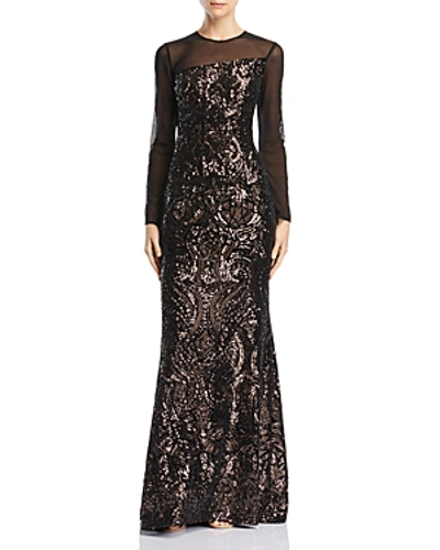Avery G Sequined Illusion Gown In Black/bronze