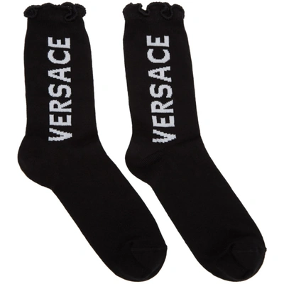 Versace Short Socks W/ Vertical Logo In Black