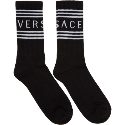 Versace Logo Cotton Blend Crew Socks In Black