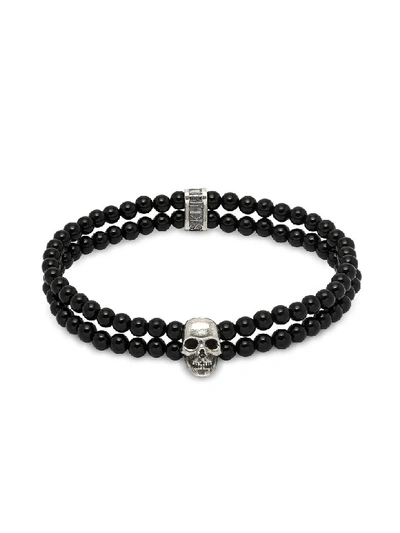 Northskull Double Row Beaded Bracelet With Skull Charmin Black Onyx & Silver