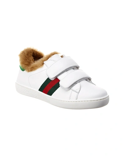 Gucci Kids' Toddler Ace Leather Trainer With Faux Fur In White