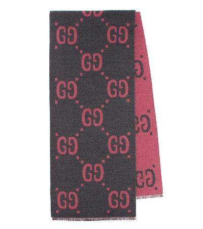 Gucci Grey And Pink Gg Jacquard Wool Silk Scarf In Multicolor