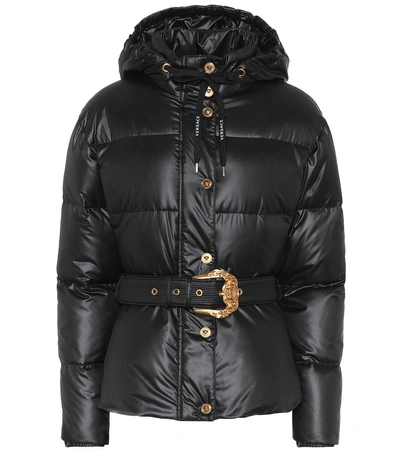 Versace Hooded Belted Feather Down Puffer Jacket In Black