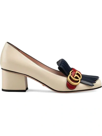 Gucci Marmont Fringed Logo-embellished Leather Pumps In White