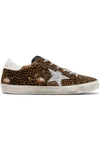 GOLDEN GOOSE SUPERSTAR GLITTERED LEATHER AND DISTRESSED LEOPARD-PRINT CALF HAIR SNEAKERS