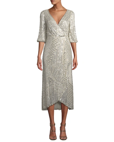 Rachel Gilbert Sequined Wrap-front Midi Dress In Silver