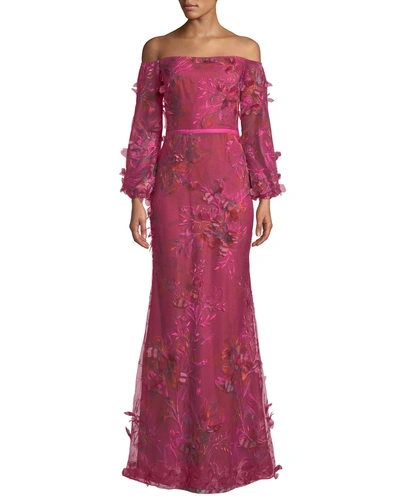 Marchesa Notte Off-the-shoulder Bishop-sleeve 3d Floral-embroidered Gown In Fuchsia