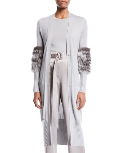 Sally Lapointe Fur-sleeve Button-front Long Cashmere-silk Cardigan In Light Gray