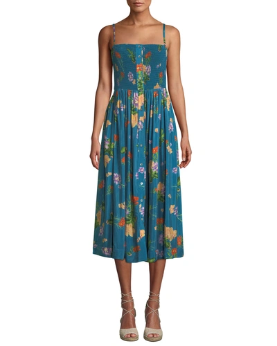 Verandah Smocked Floral-print Coverup Midi Dress In Blue