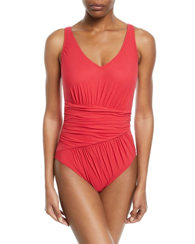 Gottex Vista Shirred V-neck One-piece Swimsuit In Red