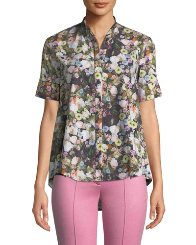 Adam Lippes Floral-print Poplin Short-sleeve Trapeze Shirt W/ Stand Collar In Black