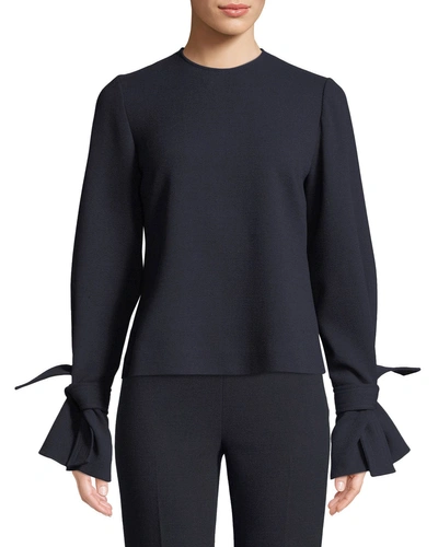 Lela Rose Tie-sleeve Crewneck Stretch-wool Top In Navy