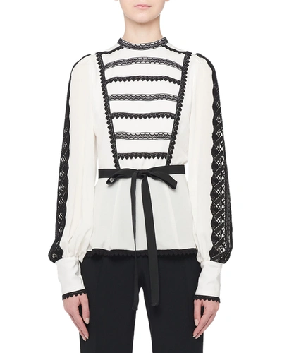 Andrew Gn Long-sleeve Lace-striped Ribbon Waist Blouse In Black/white