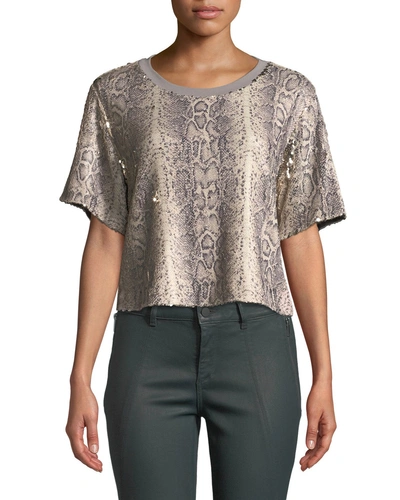 Ramy Brook Alexi Sequined Snake-print Cropped Tee
