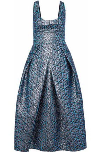 Milly Stella Pleated Metallic Jacquard Midi Dress In Light Blue