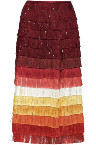 Marco De Vincenzo Embellished Fringed Colour-block Satin Midi Skirt In Brick